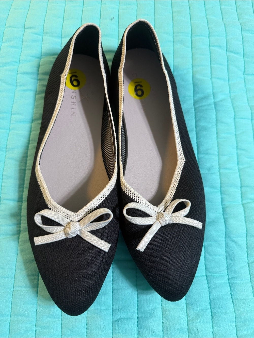 Danskin Black Pointed Ballet Flats with Cream Trim and Bow